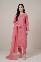 40% Off Rossette- Coral Pink 3 Piece Premium Cotton Lawn Embroidered Dress