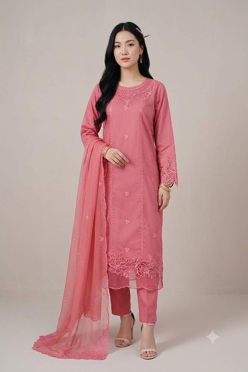 40% Off Rossette- Coral Pink 3 Piece Premium Cotton Lawn Embroidered Dress