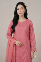 40% Off Rossette- Coral Pink 3 Piece Premium Cotton Lawn Embroidered Dress