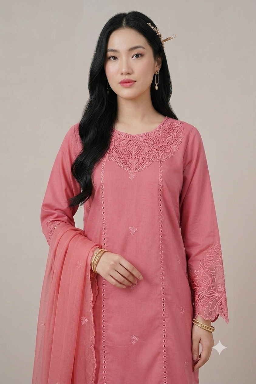 40% Off Rossette- Coral Pink 3 Piece Premium Cotton Lawn Embroidered Dress