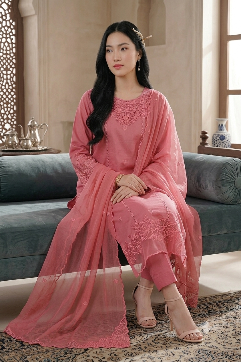 40% Off Rossette- Coral Pink 3 Piece Premium Cotton Lawn Embroidered Dress