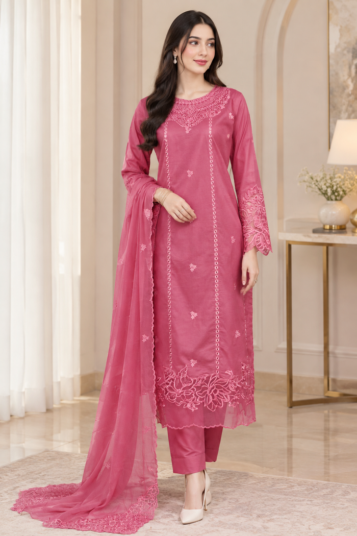 40% Off Rossette- Coral Pink 3 Piece Premium Cotton Lawn Embroidered Dress