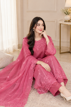 40% Off Rossette- Coral Pink 3 Piece Premium Cotton Lawn Embroidered Dress
