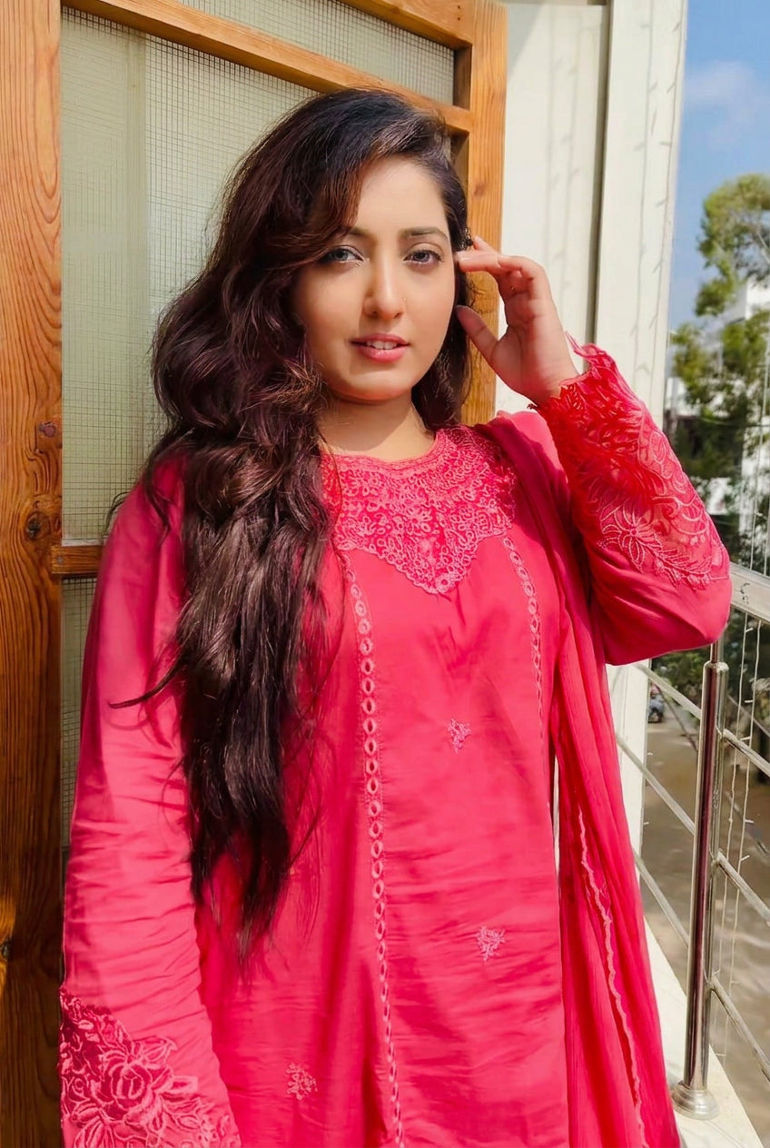 40% Off Rossette- Coral Pink 3 Piece Premium Cotton Lawn Embroidered Dress