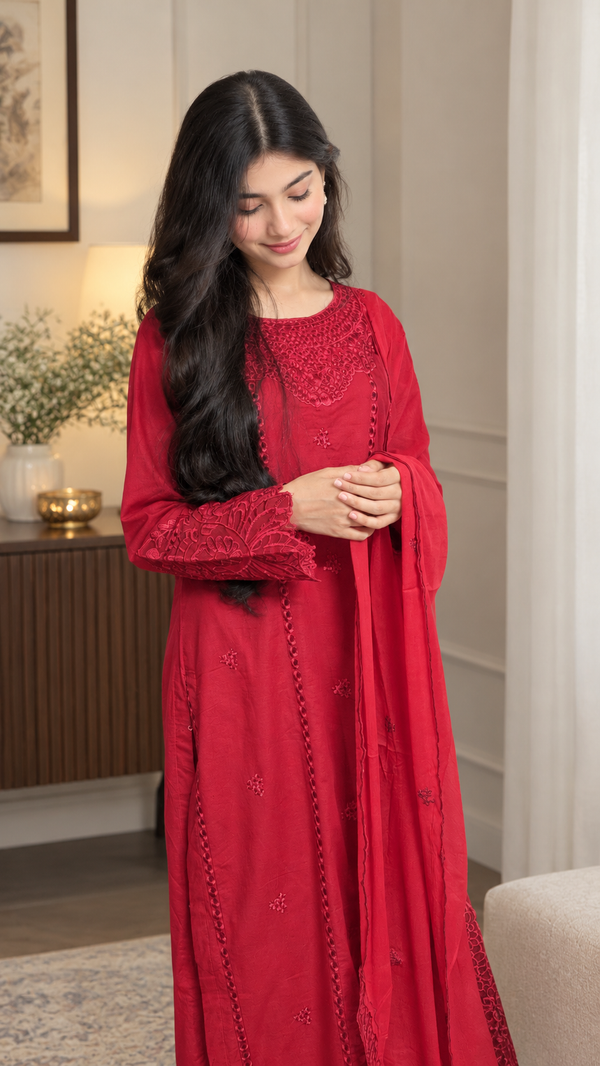 40% Off Rossette- Ruby Red 3 Piece Premium Cotton Lawn Embroidered Dress