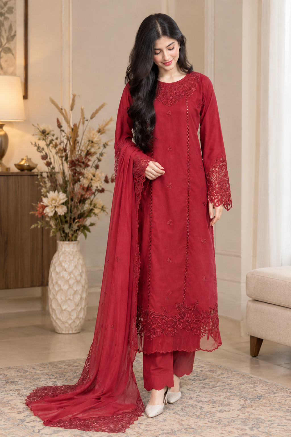 40% Off Rossette- Ruby Red 3 Piece Premium Cotton Lawn Embroidered Dress