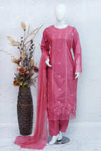 Rossette- Coral Pink 3 pcs Lawn Cotton Embroidered Dress