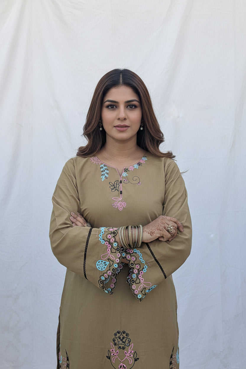 40% Off Coffee 2 Piece Stitched Premium Lawn Embroidered Dress
