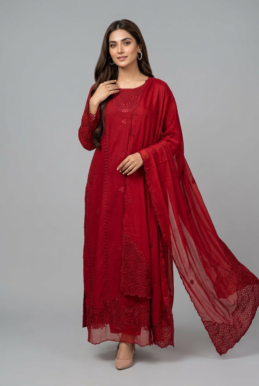 40% Off Rossette- Ruby Red 3 Piece Premium Cotton Lawn Embroidered Dress