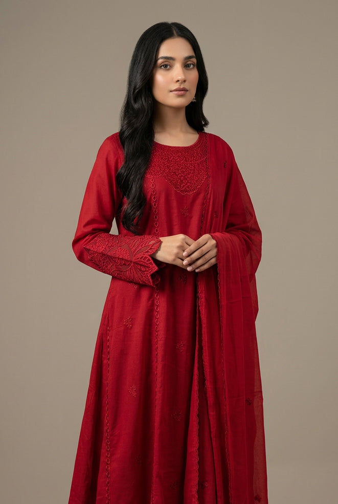 40% Off Rossette- Ruby Red 3 Piece Premium Cotton Lawn Embroidered Dress