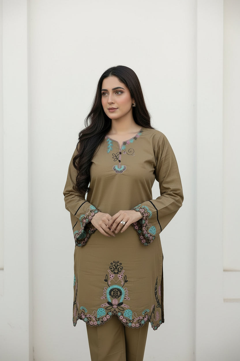 40% Off Coffee 2 Piece Stitched Premium Lawn Embroidered Dress