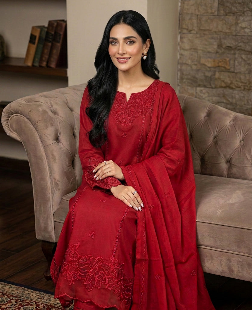 40% Off Rossette- Ruby Red 3 Piece Premium Cotton Lawn Embroidered Dress